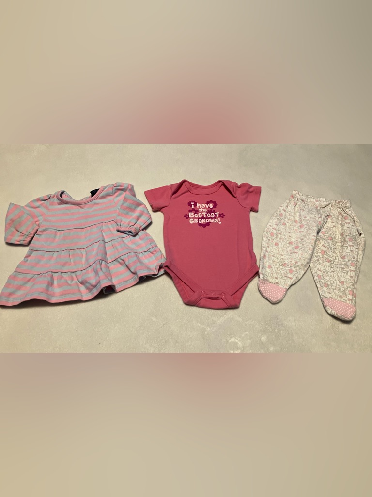 Pink Striped Dress, Bunny Pants, Grandma Onesie Outfit Set